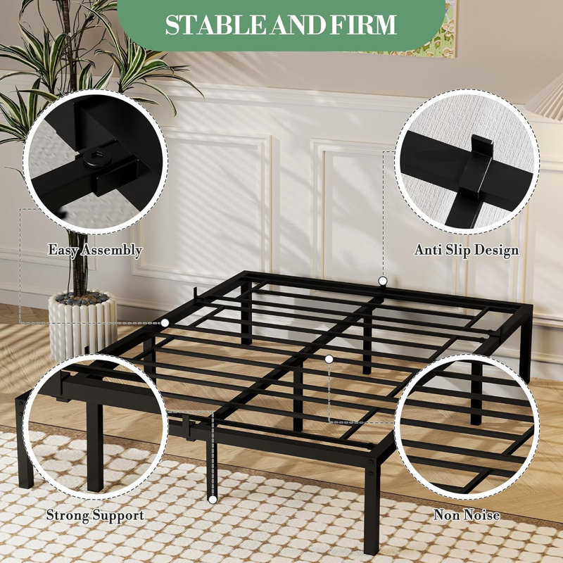 Structure de lit plateforme en acier robuste de 16 pouces, support antidérapant, silencieux, noir, 16", Lit simple