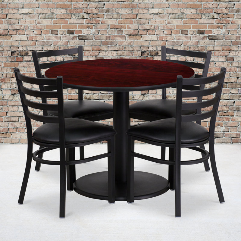 Neelam 36'' Round Laminate Table Set with Round Base and 4 Ladder Back Metal Chairs, Mahogany, Black Faux Leather