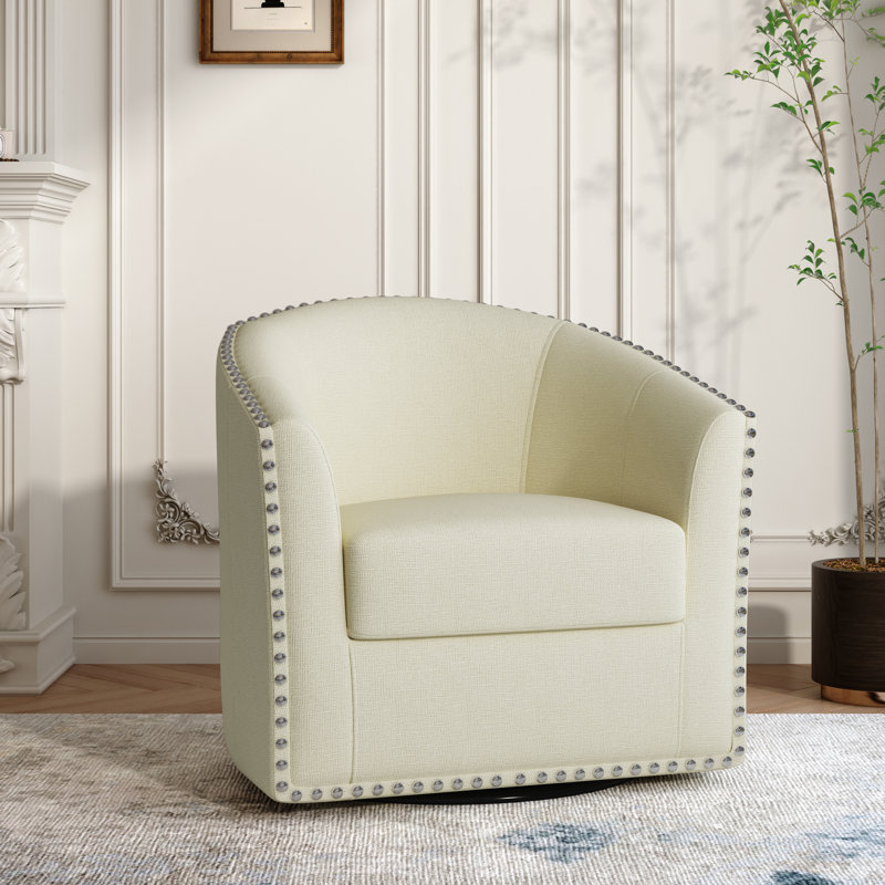 Aunna Nailhead Swivel Barrel Chair, White Polyester Blend