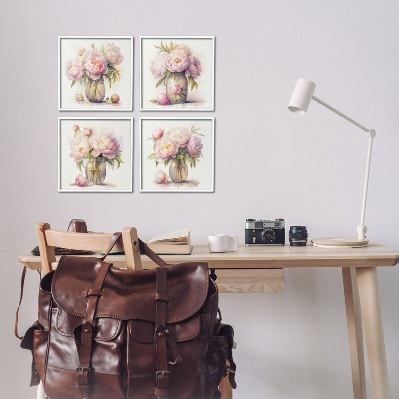 Jolies pivoines roses, ensemble de 4 giclées par LSR Design Studio, Cadre blanc, H 12 po x l 12 po