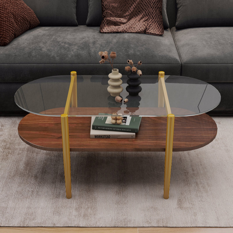 Table basse de rangement ovale en verre de conception moderne à double couche avec fonction de rangement en MDF brun clair et café