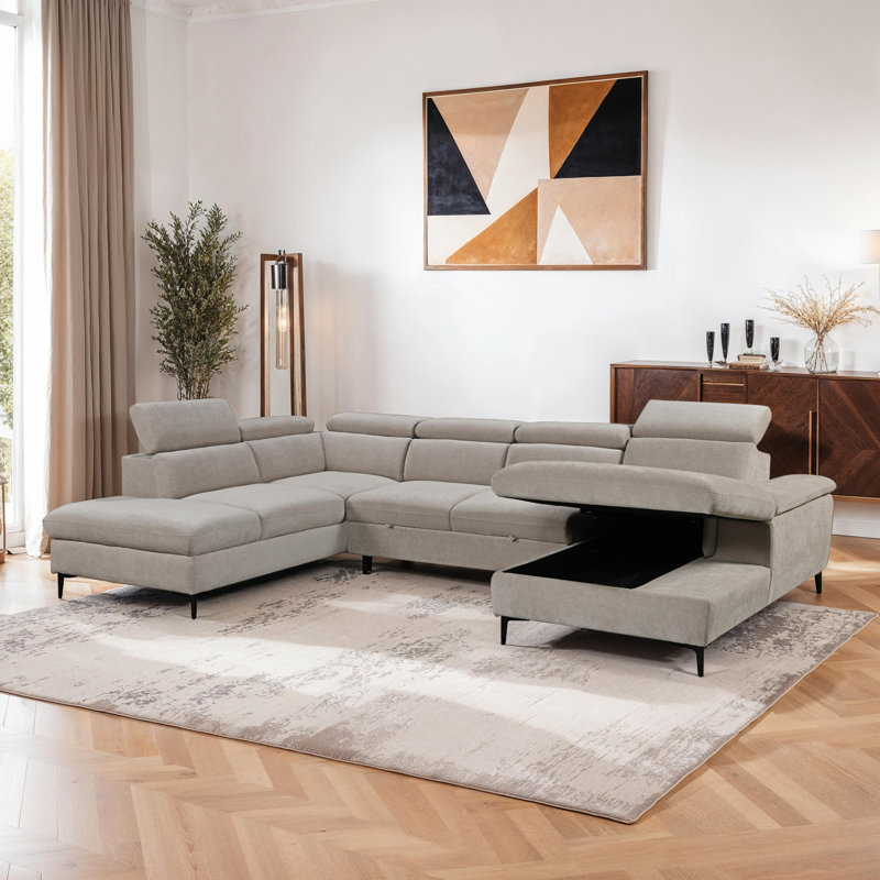 Fabric Pull Out Corner Sofa Bed , Beige