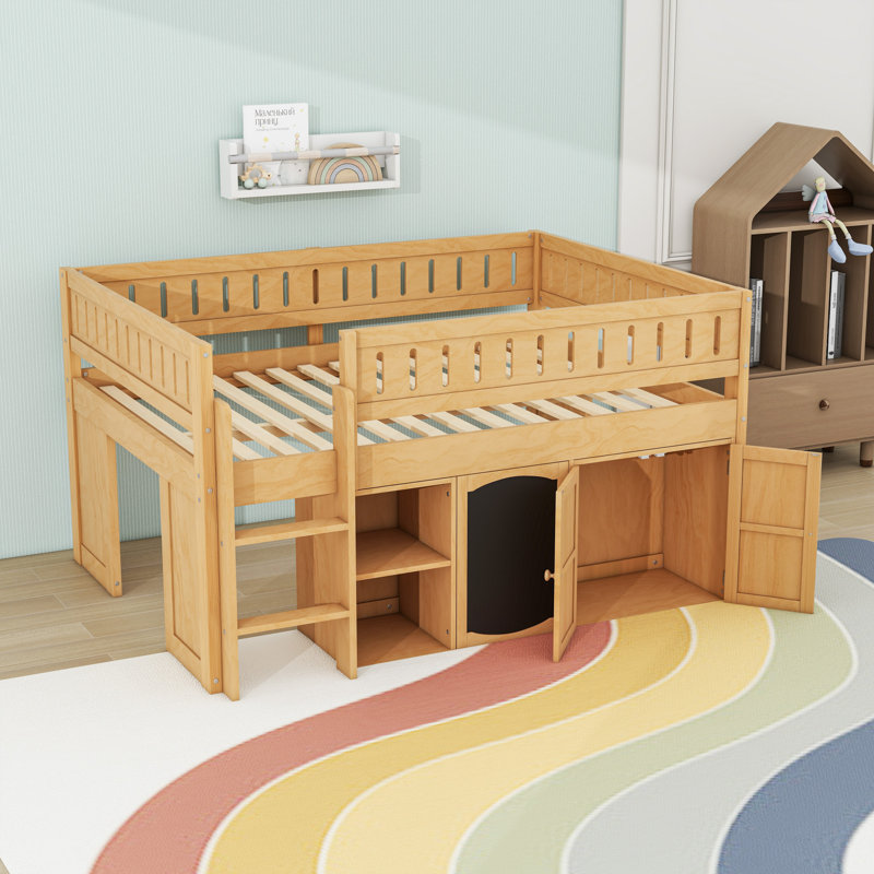 Lit mezzanine double en bois avec panneau noir, tablette et armoire, Naturel