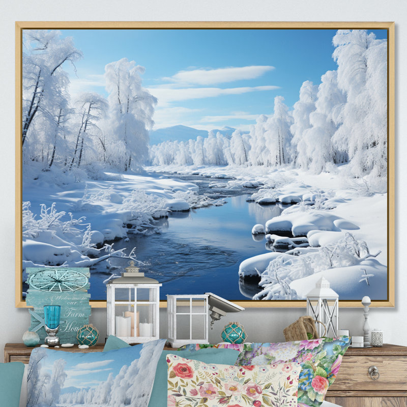" White Winter Harmony IV " Mixed Media and Color Photography Print, 12" H x 20" W x 1" D, Natural Floater Framed