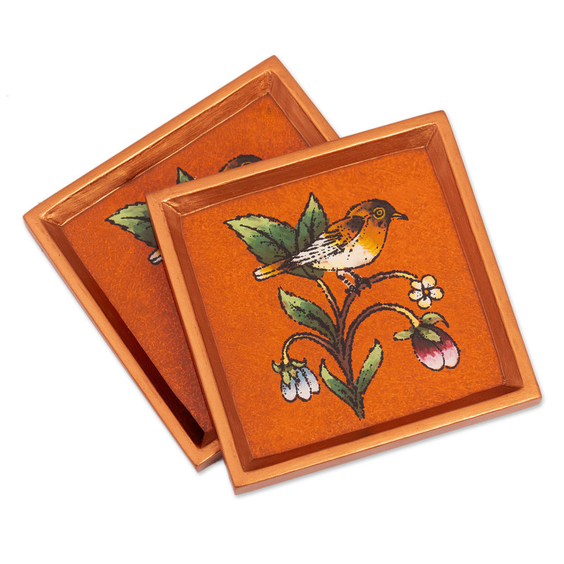  Handmade Sweet Songbird Reverse Painted Glass Coasters (Pair)