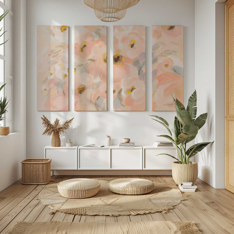 Fleurs rosées | Impression sur toile 4 panneaux, H 36 po x l 54 po