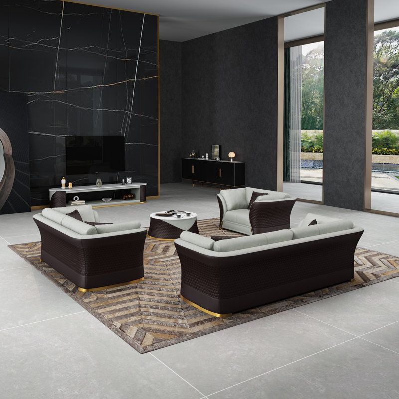 Vogue 3 - Piece Living Room Set, Gray/Brown Genuine Leather