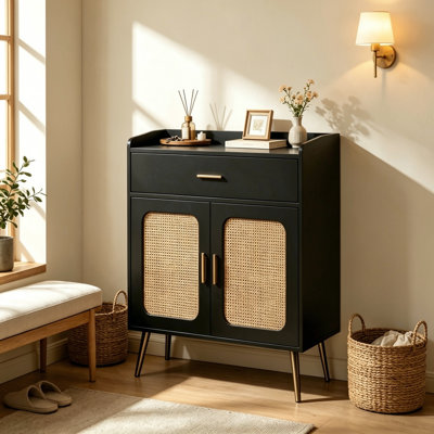 Buffet de ferme 36 po noir, buffet de cuisine autoportant avec 2 portes de rangement et 1 tiroir pleine extension, armoire en bois avec pieds en bois massif pour la salle à manger, l'entrée et le bureau personnel