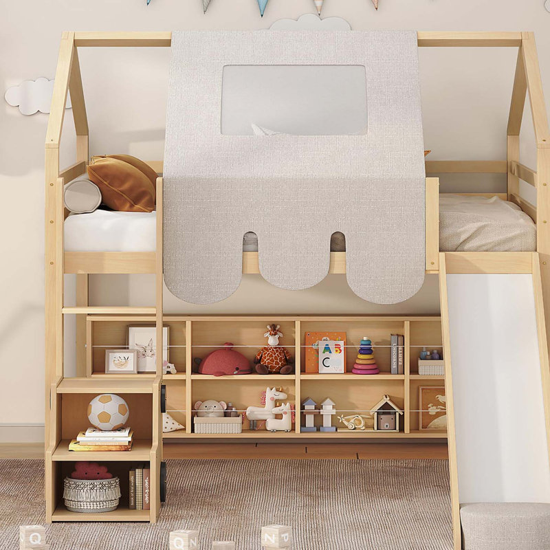 Lit mezzanine en bois pleine grandeur en forme de maison avec tente, naturel et beige, Naturel, Lit double