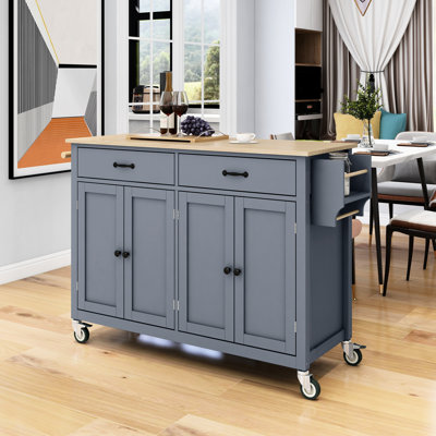 Solid Wood Kitchen Island Cart In Grey Blue Color, 4 Door Cabinet, 2 Drawers, Spice Rack & Towel Holder, Locking Wheels With Top And Adjustable Shelves, Rack,