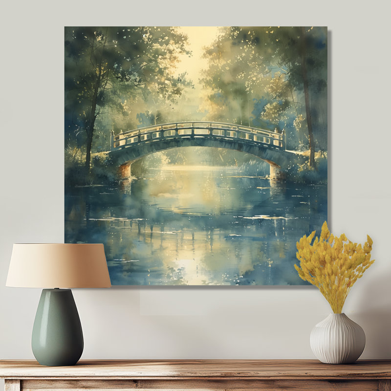 «Green Beige River Crossing Park Bridge I», art mural, Métal métal, H 16 po x l 16 po x P 1 po