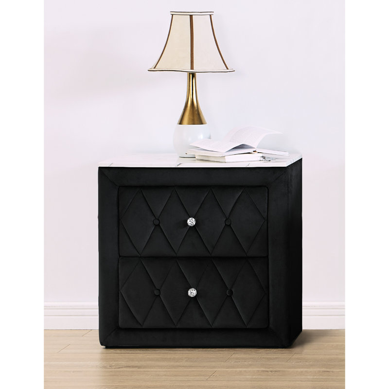 Bordeaux Stylish Nightstand Featuring Faux Marble Top And 2 Drawers For Bedroom Interior Modern With Surface Use, Black