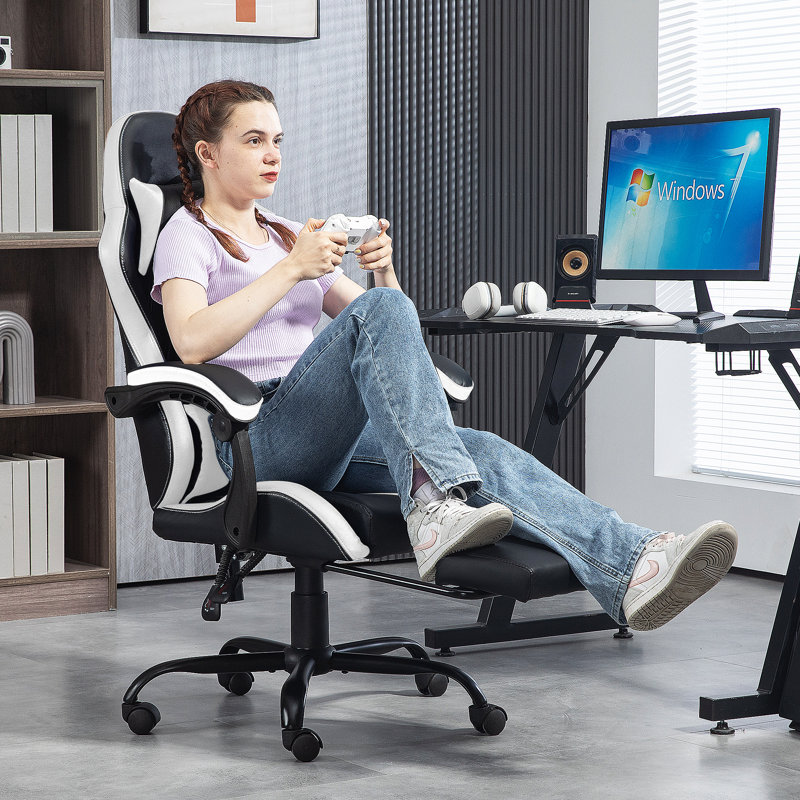 Fauteuil de jeu en polyuréthane avec repose-pieds et support lombaire à massage, Noir / blanc