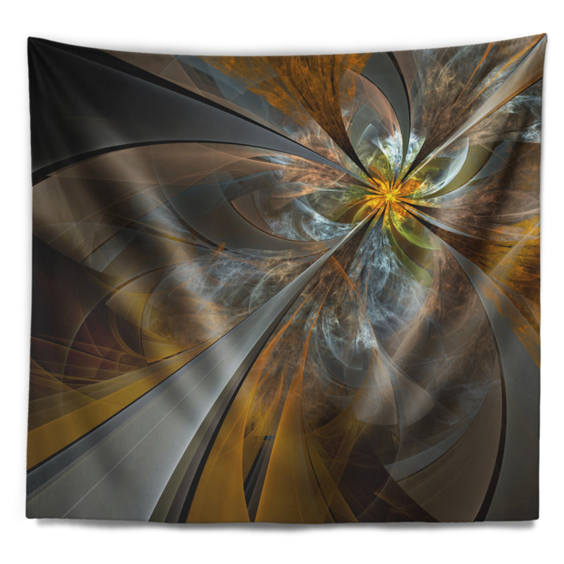 Tapisserie abstraite symétrique de fleur de fractale jaune, H 32 po x l 39 po