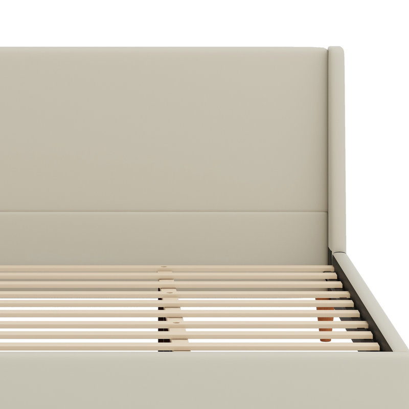 Lit plateforme tapissier avec tête de lit à oreilles et pieds en bois, Beige, Très grand