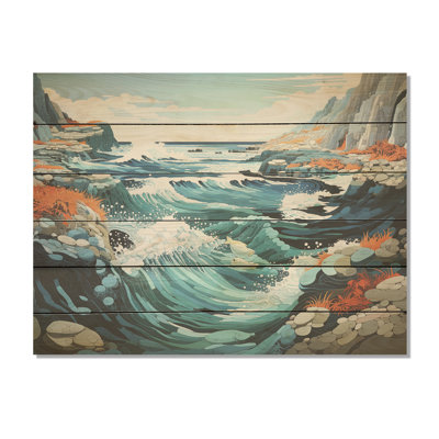 «Wild Beachscape Landscape I - Coastal Coral Under Water Wood», art mural sur bois de pin naturel