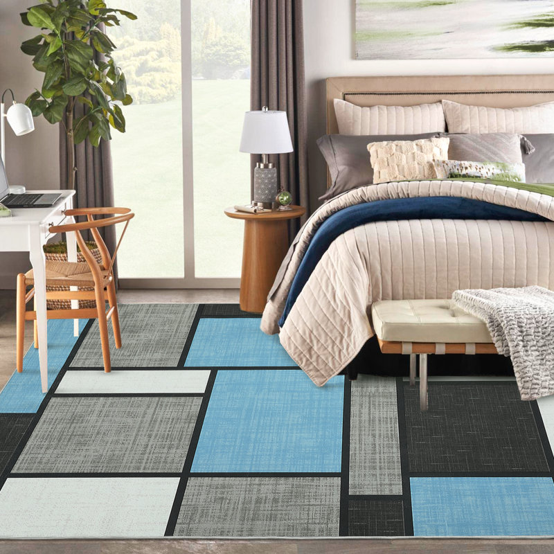 Tapis bleu délavé à motif géométrique lavable, Rectangle 5 pi x 7 pi