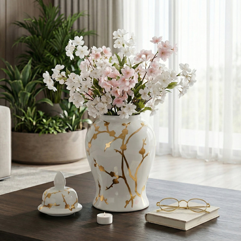Classic Gilded Blossom Tall Ceramic Jar with Lid for Home Decor - Elegant Table Jar for Shelves, Consoles and Tabletop Styling - 14", White & Gold