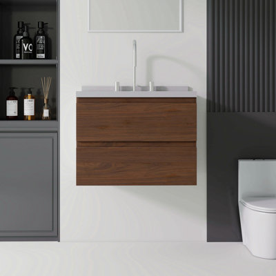 Meuble-lavabo suspendu de 61 cm avec lavabo, tiroir à fermeture amortie, lavabo en marbre reconstitué de 5 cm avec dosseret, contreplaqué, brun
