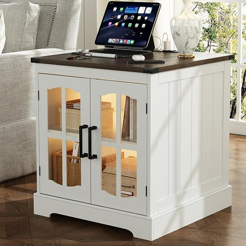  Table de bout Farmhouse, grand canapé de 24 po avec station de charge et lumière DEL, table de chevet blanche avec tablette de rangement réglable, table de chevet carrée pour le salon, la chambre à coucher, le bureau