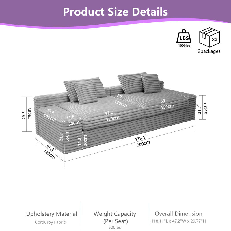 Canapé modulaire 118,1 po avec canapé en tissu de velours côtelé rembourré et modulaire, aucun assemblage requis, combinaison libre de 2 pièces pour le salon