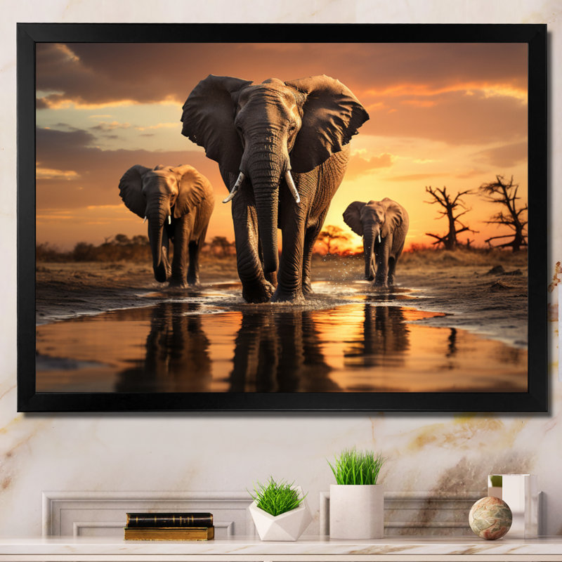 «Elephant Shadows Of Serenity II», art mural sur toile, H 24 po x l 32 po x P 1 po, Cadre simple noir