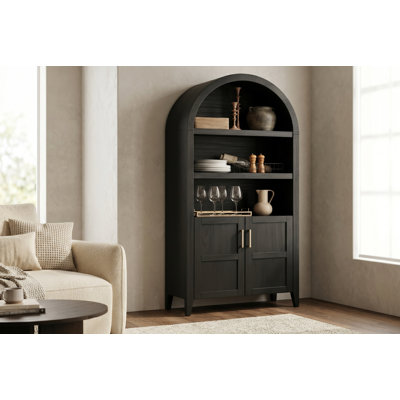 75-Inch Solid Wood Display Cabinet, Black Brazilian Pine Showcase Curio for Living or Dining Room Storage