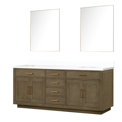 Meuble-lavabo double en chêne gris l 84 po x P 22 po avec comptoir en quartz blanc et miroirs 36 po à fermeture douce, contreplaqué, armoire en bois massif