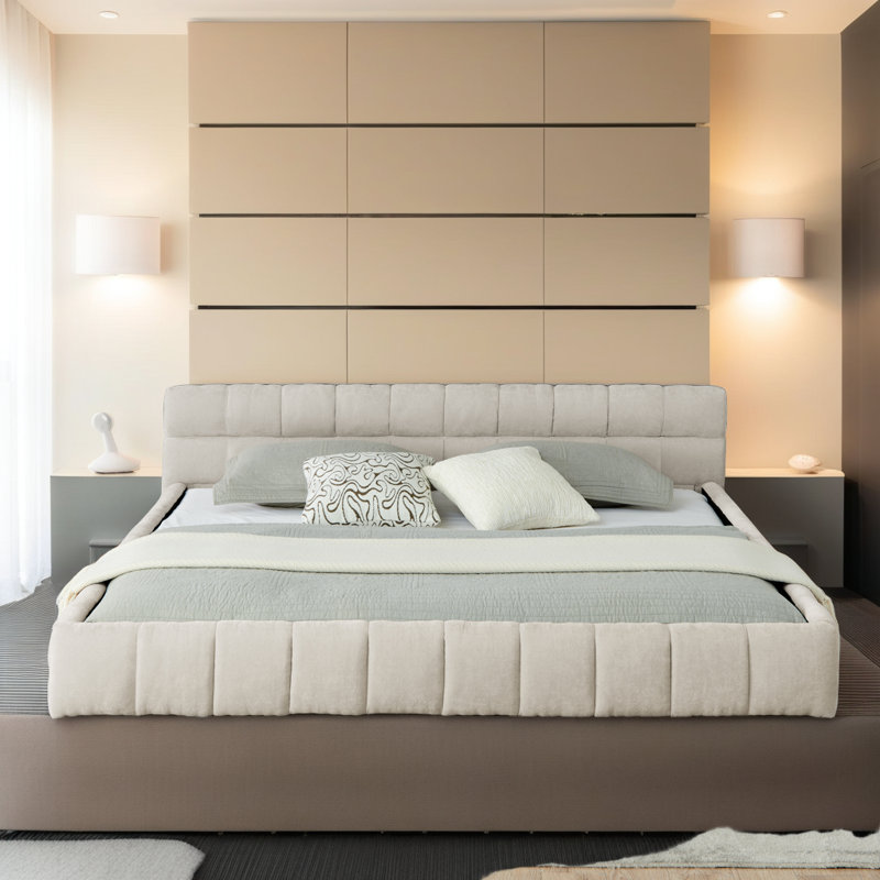 Structure de lit tapissier en tissu épais moderne et élégant, Beige