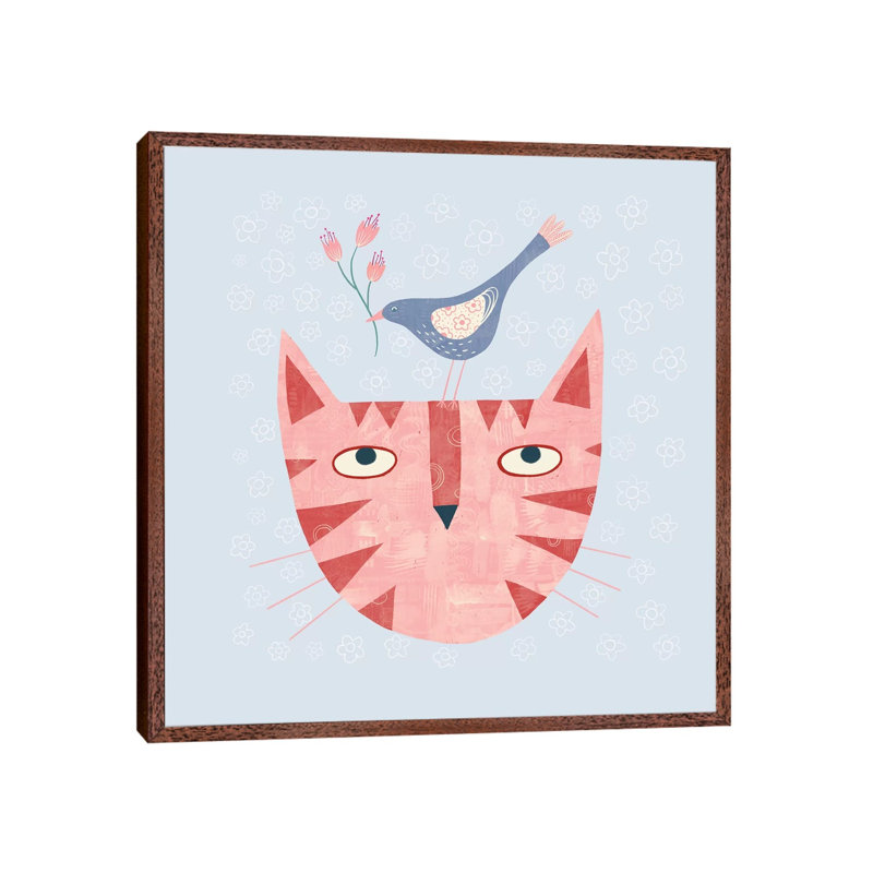Cat Bird Flower by Nic Squirrell - Print on Canvas, Classic Brown Wood Framed, 45.72 cm H x 45.72 cm W