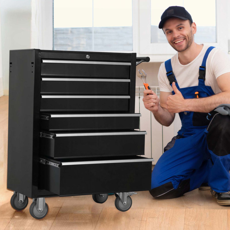 Armoire à outils 6 tiroirs, coffre à outils en métal de grande capacité avec roulettes verrouillables, chariot à outils de rangement pour le garage, l'entrepôt et le atelier