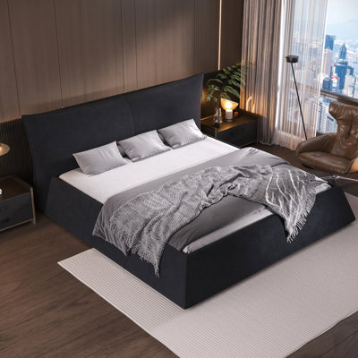 Très grand lit tapissier en velours noir - tête de lit ergonomique et lit à lattes en bois, lattes solides et confortables