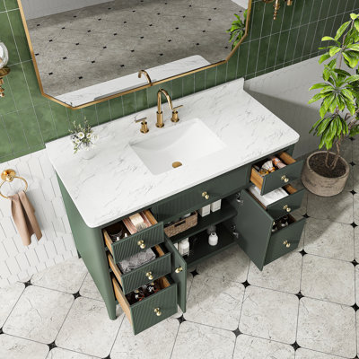 Meuble-lavabo autoportant de 48 po entièrement assemblé avec structure en bois massif et plateau en marbre d'ingénierie