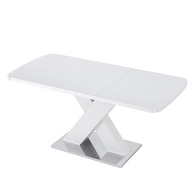 Modern Rectangle Dining Table, Stretchable, White Table Top+MDF X-Shape Table Leg With Metal Base