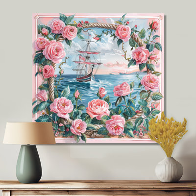 Ancre de pirate rose et vert avec roses roses IV - décoration murale bord de mer