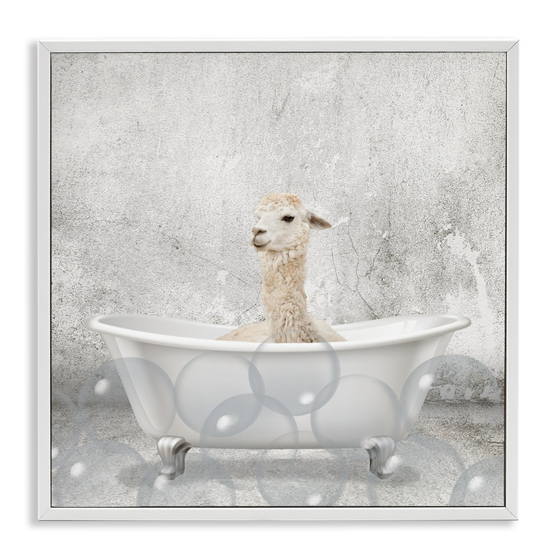 «Baby Llama Bath Time», reproduction d'impression, Estampe numérique encadrée blanc bord de mer, H 12 po x l 12 po
