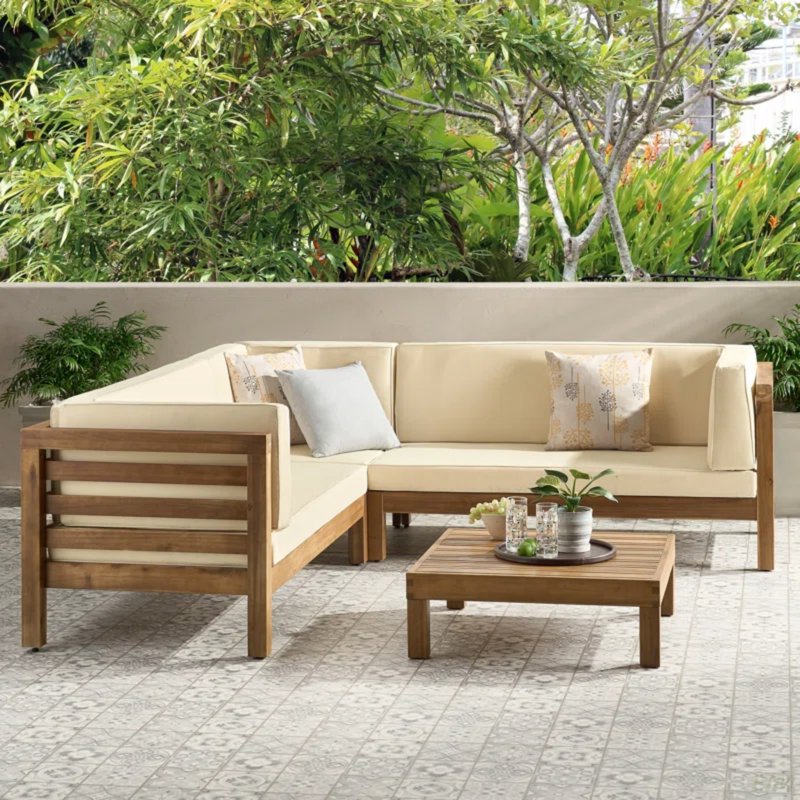 Ensemble de conversation modulaire en bois avec coussins Oana, Beige