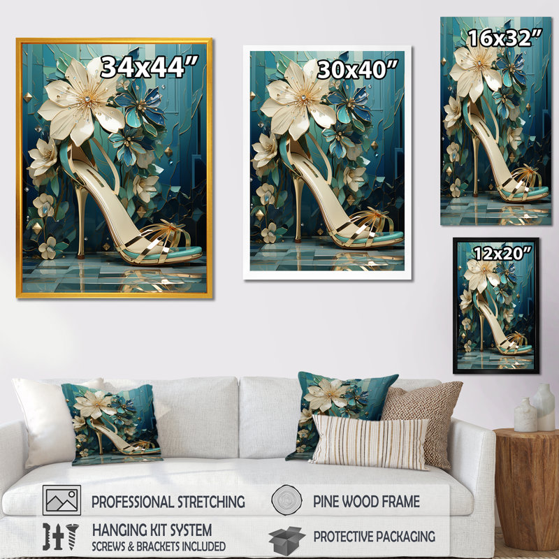 «Blue High Heel Floral Elegance I - Fashion High Heels», art mural, H 20 po x l 12 po x P 1 po, Toile tendue
