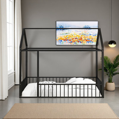 Structure de lit pleine grandeur en métal avec clôture, pour enfants, adolescents