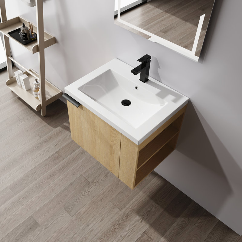 Meuble-lavabo mural 24 po avec tablettes de rangement latérales et lavabo | Chêne et chêne blanc américain, Chêne