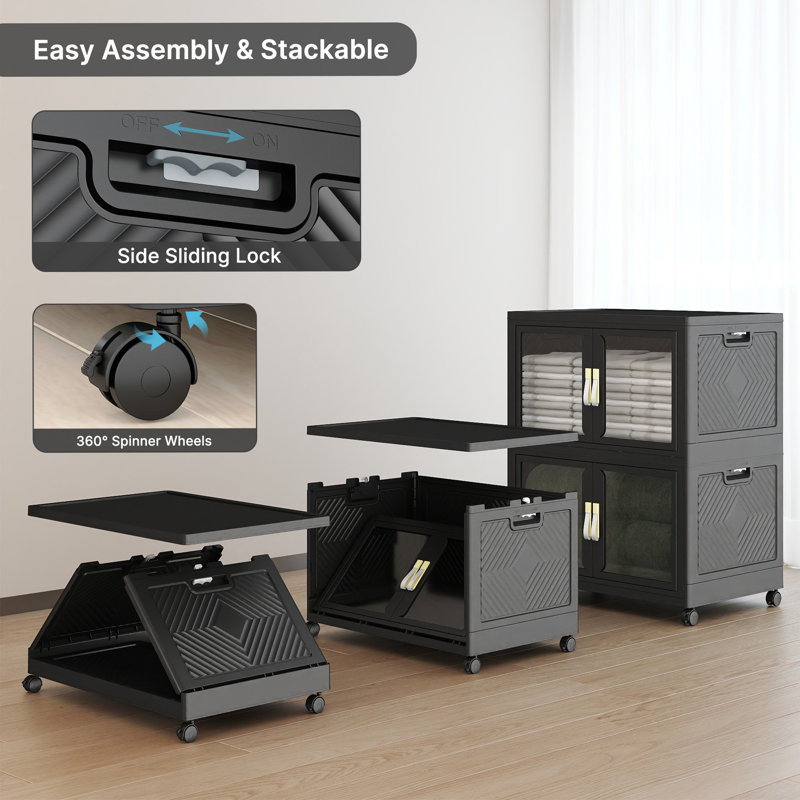 2-Tier Black Stackable Foldable Storage Bins with Lid & Wheels, 160 QT Single Bin, 2 Layers