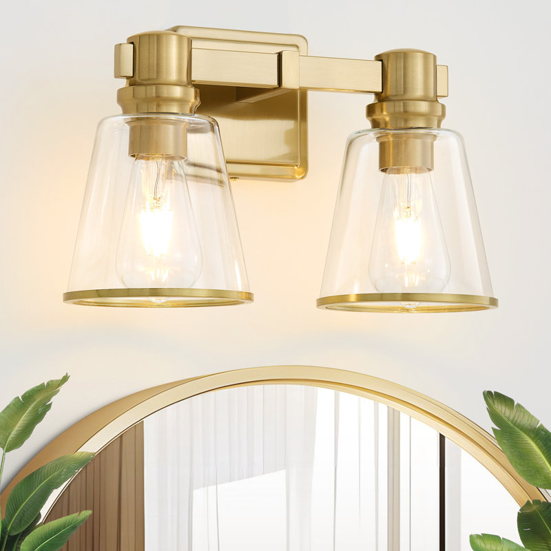 Luminaire de meuble-lavabo moderne à intensité variable Milasia avec abat-jour en verre transparent conique, Doré, 2