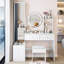 Table de coiffeuse à DEL de 17 po de diamètre à 3 couleurs vives, armoire à miroir pleine grandeur et tabouret rembourré, solution de style américain avec commode blanche: miroir réglable, tabouret avec bureau spacieux