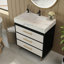 Meuble-lavabo autoportant moderne avec lavabo vasque en céramique et plateau en pierre frittée durable-477132870