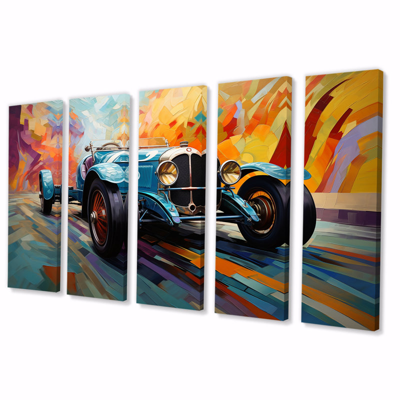 Ensemble de 5 reproductions d'art murales bleues et jaunes, "Race Tracks II", H 28 po x l 60 po
