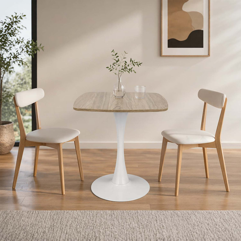 Table de salle à manger carrée compacte de style Mid-Century moderne avec plateau en panneau de fibres à densité moyenne et base en métal blanc mat, parfaite pour les petits espaces et les bistro