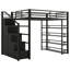 Grand lit mezzanine en métal avec tablettes de rangement, armoires et garde-robe, noir