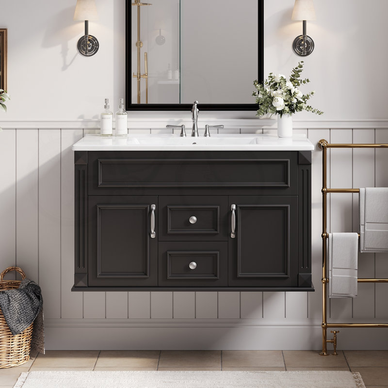 Meuble-lavabo flottant mural 36 po avec tiroirs à fermeture douce de style français, Black