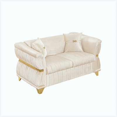Canapé-causeuse - canapé moderne en velours de 61,8 po avec 2 coussins, canapé décoratif recouvert d'une garniture en métal doré, pieds fuselés dorés et accoudoirs courbés pour le salon, la chambre à coucher et l'appartement, beige