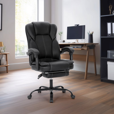 Chaise de bureau ergonomique en similicuir noir avec support lombaire 3D et repose-pieds inclinable rétractable